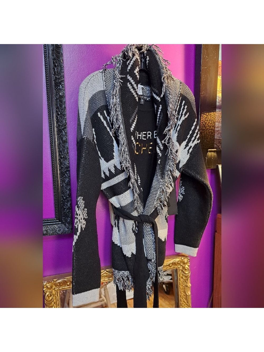 Elan Fringe Long Belted Sweater. Black And White. Southwestern. New - Picture 2 of 6